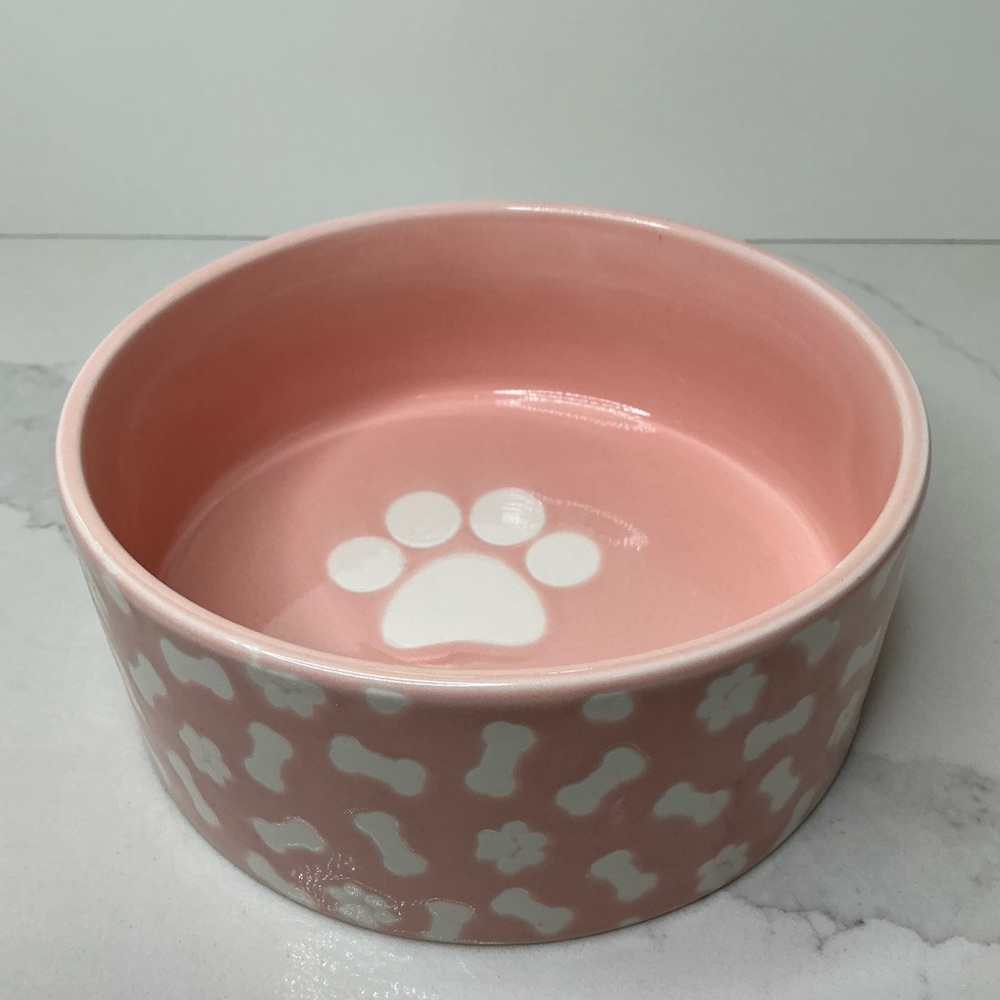 Stoneware Dog Bowl Pink Bones & Paw Print 6” Microwave & Dishwasher Safe New